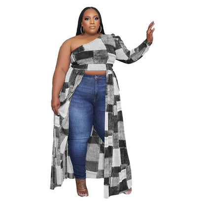 Plus Size Women Night Out Creative Color Blocking Fashion Casual Plaid Print Dress Irregular Top