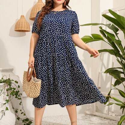 Women Fashion Casual Dot Print Round Neck Loose Plus Size Dress