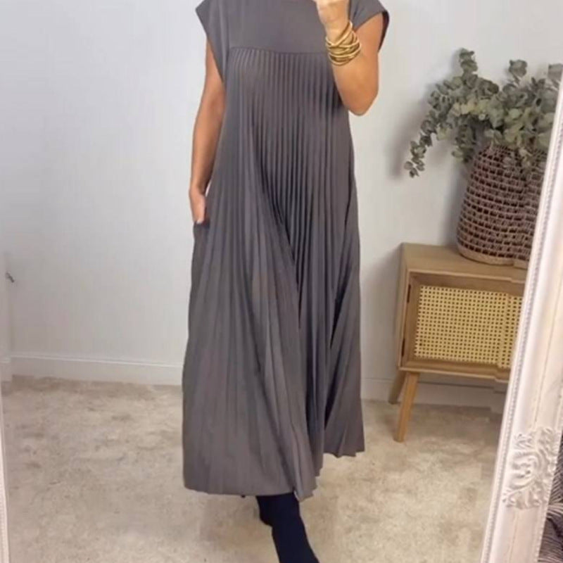 Women Fashion Casual Round Neck Short Sleeve Pleated Maxi Dress