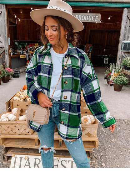 Chaqueta informal de otoño para mujer, con solapa, manga larga y botones, con bloques de color y cuadros