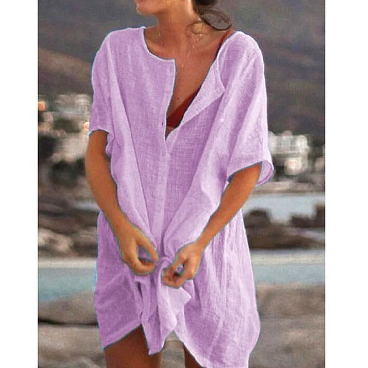 Blusa holgada informal de manga corta para mujer, color liso, para playa y vacaciones