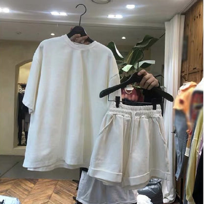 Athleisure Sports Set Women Summer Casual Basic Solid Color Short-sleeved Loose T-shirt And Shorts Set