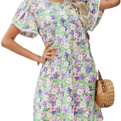 Vestido informal de mujer con cuello redondo, estampado floral, encaje y borlas