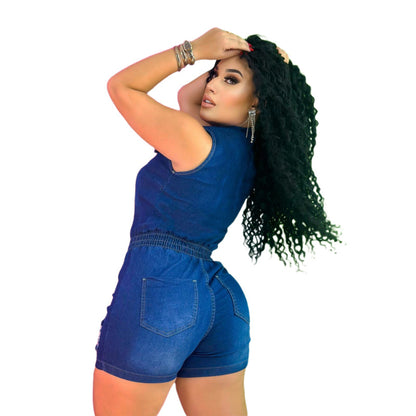 Women Fashion Casual Lapel Sleeveless Zipper Denim Hole Rompers