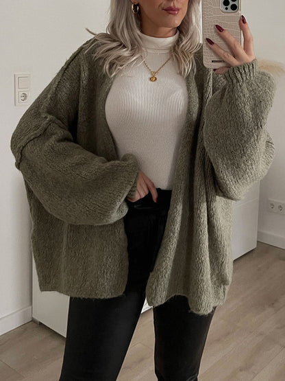 Autumn Winter Women Casual Loose Solid Color Long Sleeve Cardigan Knitted Sweater Coat