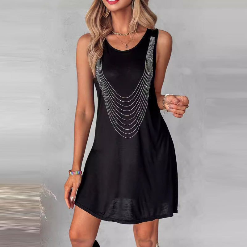 Summer Women Fashion Casual Rhinestone Round Neck Sleeveless Dress