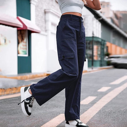 Pantalones cargo casuales de cintura alta y lisos para mujer