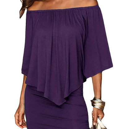 Fashion Sweet Off-Shoulder Summer Women Solid Color Casual Dress