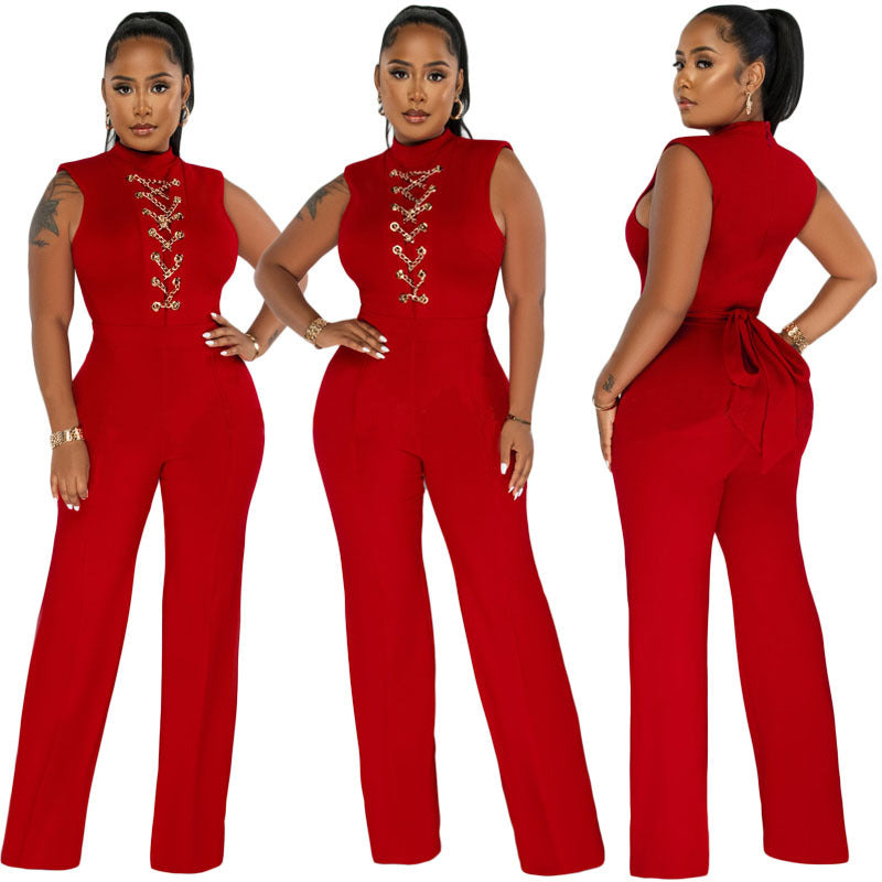 Women Solid Color High Waist Casual Wide Leg Jumpsuit