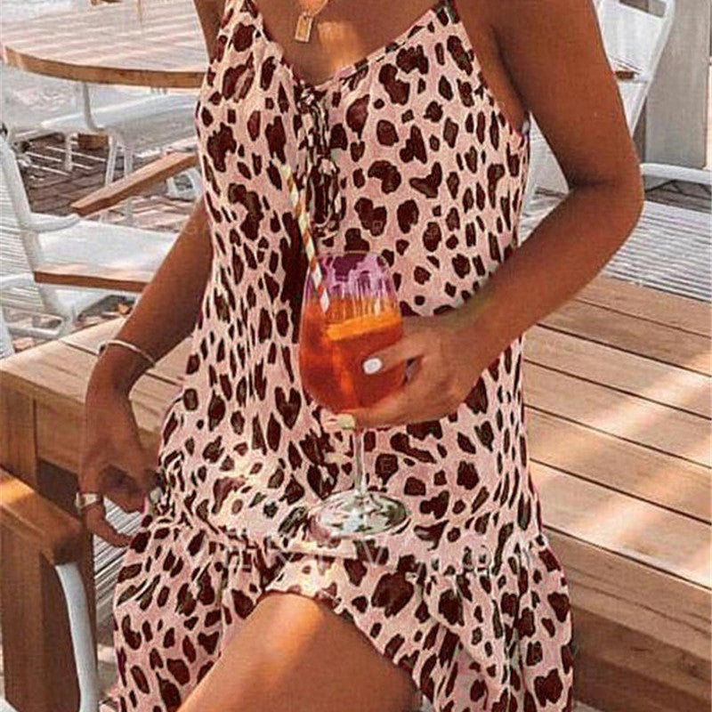 Vestido mini informal, sexy, con estampado de leopardo, holgado, bohemio, de verano para mujer
