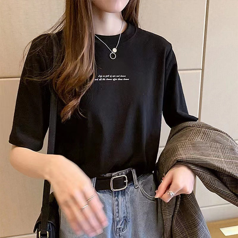Camiseta informal de manga corta con cuello redondo y estampado de letras para mujer