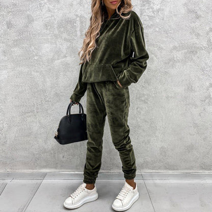 Conjunto de dos piezas informal holgado con capucha y pantalones de manga larga de color liso para mujer