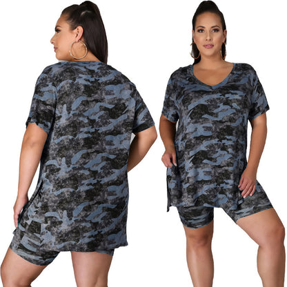 Conjunto de dos piezas de pantalones cortos de camuflaje holgados e informales con estampado de verano de talla grande para mujer