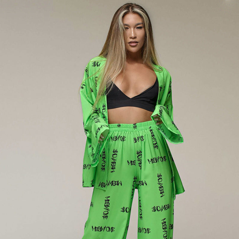 Conjunto de pijama de seda estampado informal y holgado para mujer