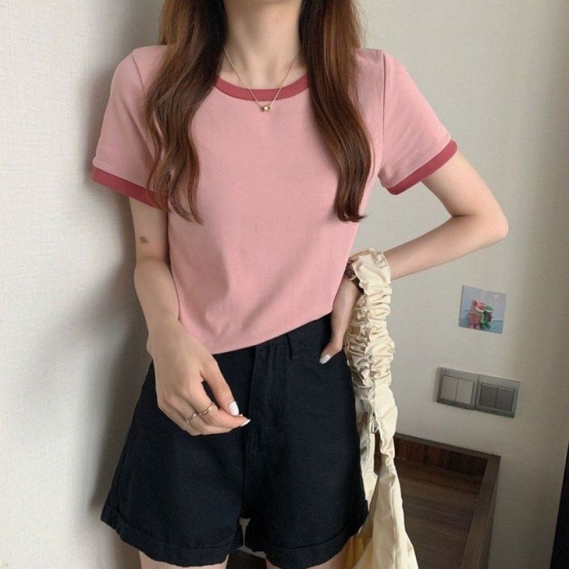 Women Casual Basic Round Neck Color Blocking Summer Short-sleeved Summer Crop Top