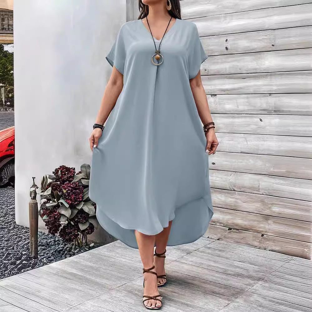 Spring And Summer Plus Size Women Fashion Casual V-Neck Dress