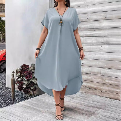 Spring And Summer Plus Size Women Fashion Casual V-Neck Dress