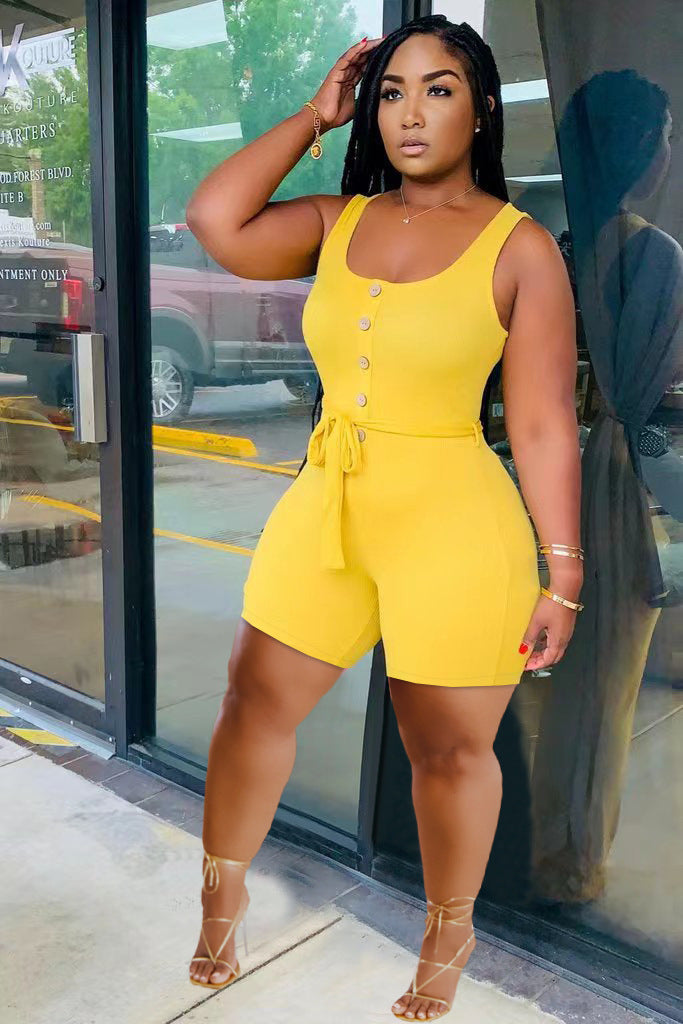 Women Solid Color Splicing Casual Sleeveless Belt Rompers