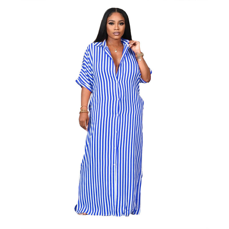 Women Casual Stripe Color Blocking Short Sleeves Loose Lapel Shirt Maxi Dress