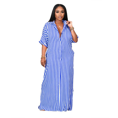 Women Casual Stripe Color Blocking Short Sleeves Loose Lapel Shirt Maxi Dress