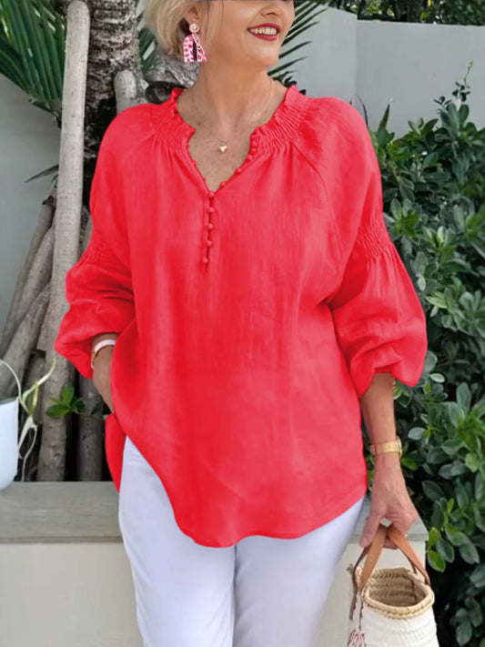 Blusa informal de algodón y lino de color liso con cuello en V y manga larga para mujer