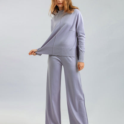 Conjunto de dos piezas de suéter y pantalones de punto de color liso informal para mujer de otoño e invierno