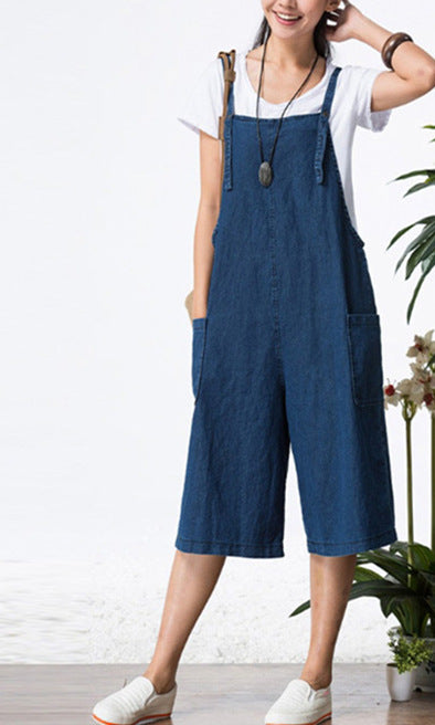 Women Fashion Casual Loose Denim Suspender Shorts