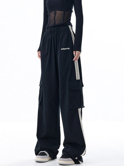 Black Stripe Casual Women Spring And Autumn Wide Leg Stripe Sports Pocket Cargo Pants