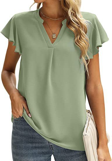 Blusa informal de gasa de color liso con cuello en V y mangas cortas con volantes para mujer