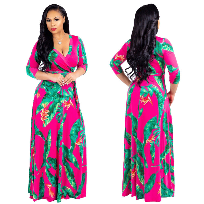 Women Fashion Casual Printed V-Neck Long Sleeve Dress