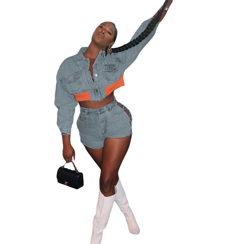 Women Fashion Casual Button Long Sleeve Denim Top Side Cutout Chain Shorts Two-Piece Set