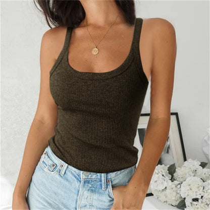 Camiseta básica sin mangas de punto con cuello en U para mujer, informal, de color liso