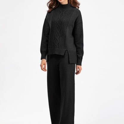 Conjunto de dos piezas de suéter de cuello alto de punto de color liso informal para mujer, otoño e invierno, pantalones de pierna ancha