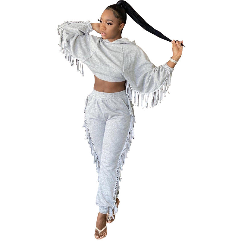 Women Fashion Solid Color Casual Sports Hood Tassel Edge Two-Piece Set