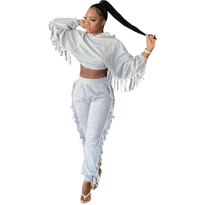 Women Fashion Solid Color Casual Sports Hood Tassel Edge Two-Piece Set