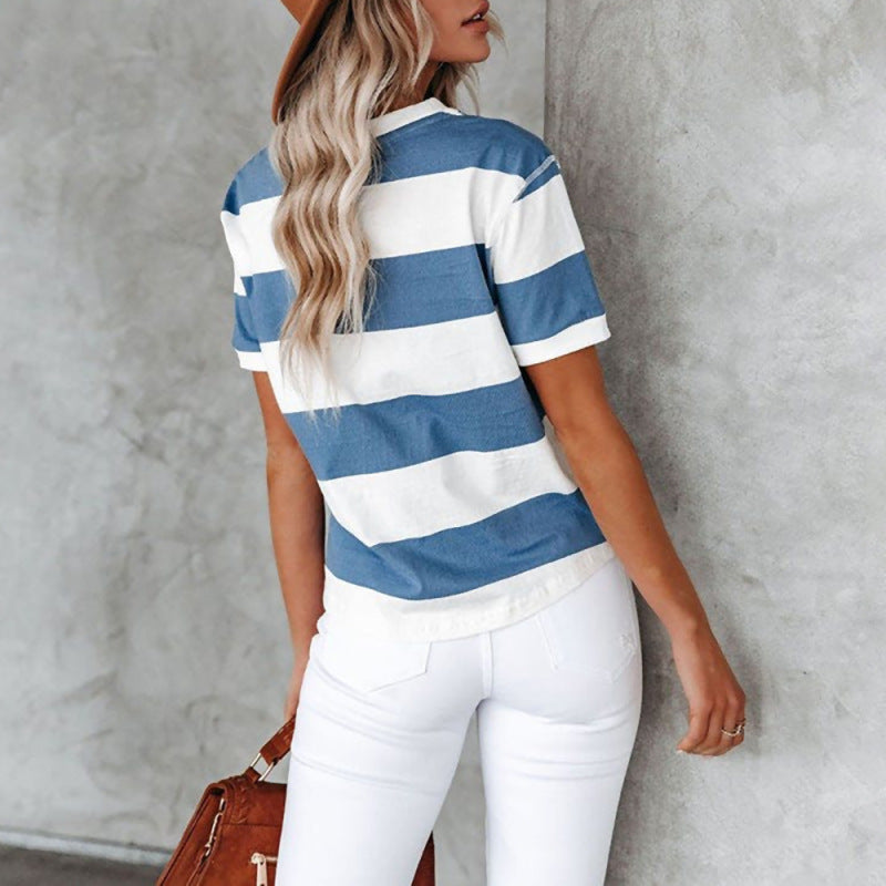 Camiseta informal básica de manga corta con cuello redondo y estampado de rayas azules para mujer