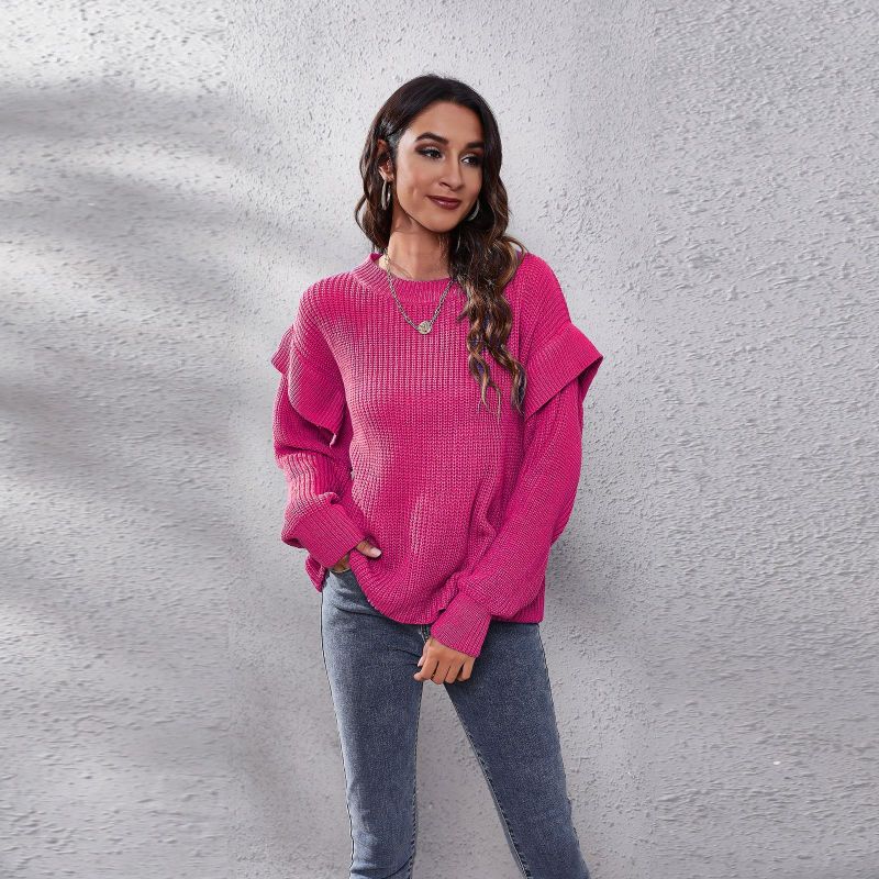 Women Casual Solid Color Round Neck Long-sleeved Loose Knitted Sweater