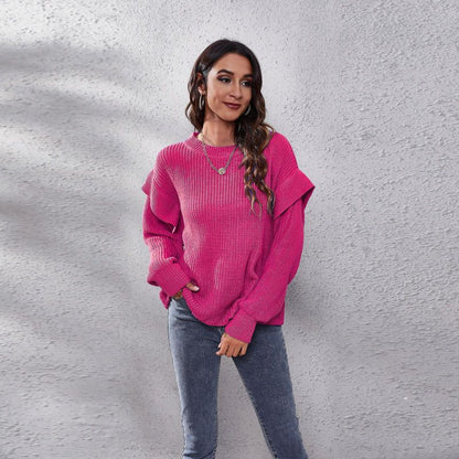 Women Casual Solid Color Round Neck Long-sleeved Loose Knitted Sweater