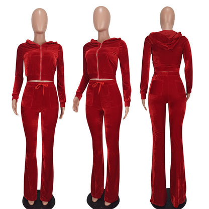 Conjunto de dos piezas deportivo informal para mujer, con capucha, manga larga, pantalones acampanados y cremallera de terciopelo de color liso