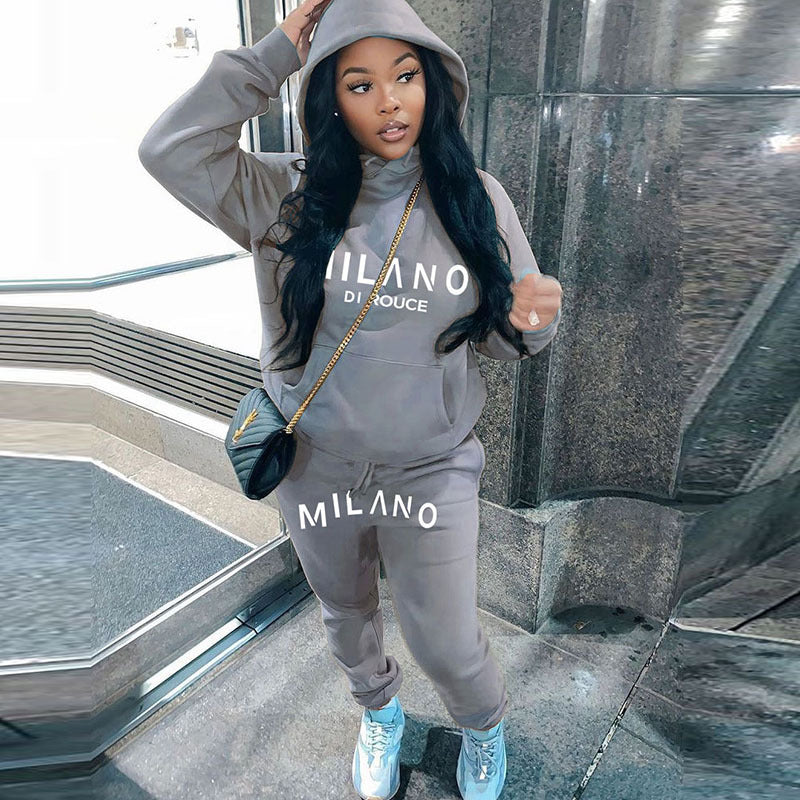 Athleisure Winter Women Loose Casual Letter Printing Long-Sleeved Hooded Sweatshirt Pants Two-Piece Set