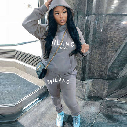 Athleisure Winter Women Loose Casual Letter Printing Long-Sleeved Hooded Sweatshirt Pants Two-Piece Set