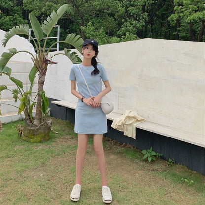 Women Fashion Casual Solid Color Slim-Fit Short Sleeve Dress