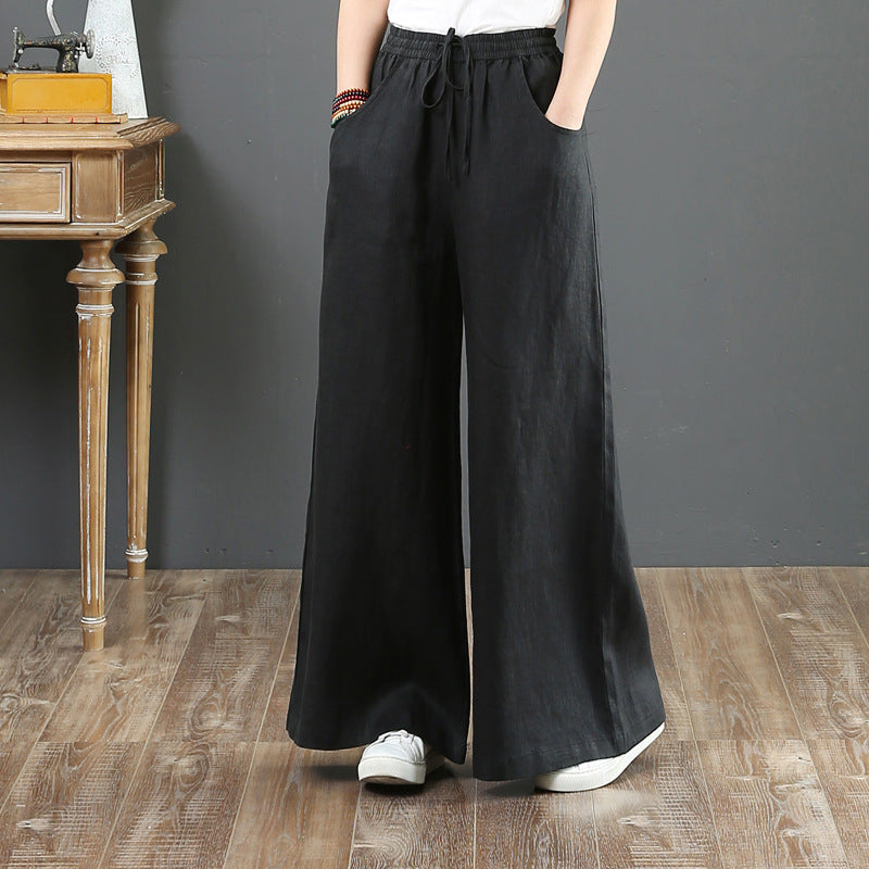 Women Fashion Casual Solid Color Cotton Linen High Waist Wide Leg Pants