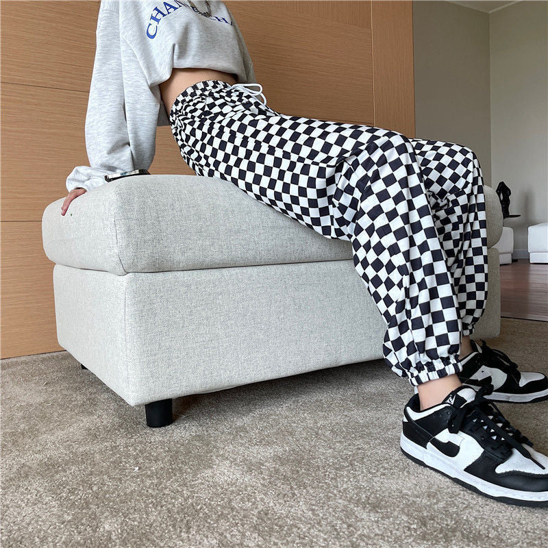 Women Casual Edgy Checkerboard Plaid Wide-Leg Pants