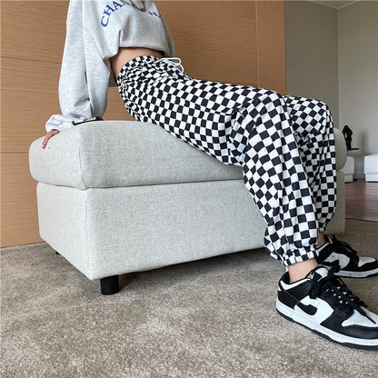 Women Casual Edgy Checkerboard Plaid Wide-Leg Pants
