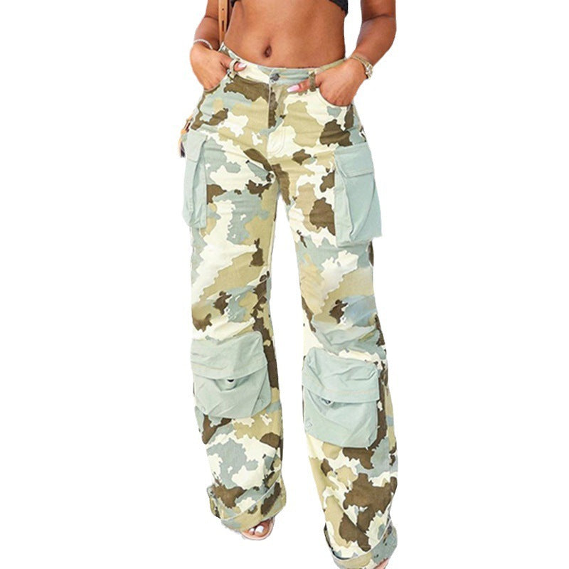 Women Casual Street Camouflage Printed Pocket Stitching Color Contrast Straight Foot Cargo Pants