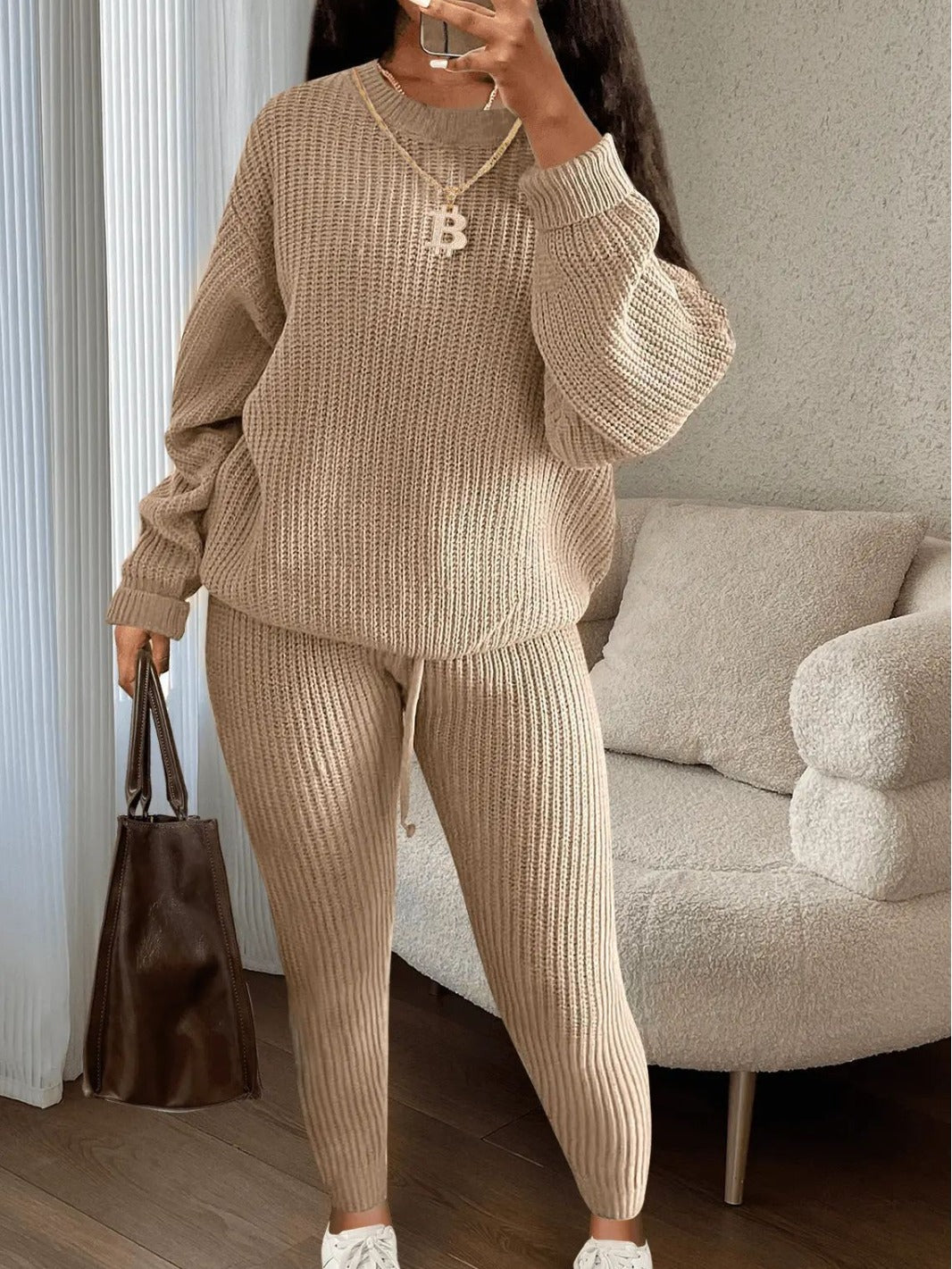 Fashion Casual Women Solid Color Knitted Long Sleeve Sweater And Pants Set