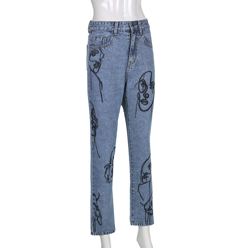 Vaqueros rectos con bordados faciales casuales a la moda para mujer