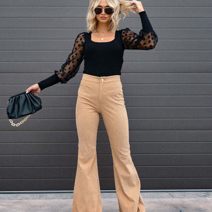 Women Solid Color Casual High Waist Corduroy Flared Pants
