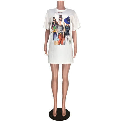 Fashion Women Edgy Casual Short Sleeves Graphic Print Side-slit Dress